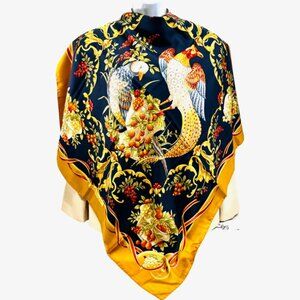 Unused Love Birds Salvatore Ferragamo Scarf 100% Silk Satin  34"  Black Gold (7